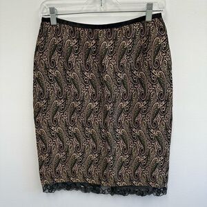 Vintage 90’s Tom K Nguyen Paisley Brocade Silk Lace Trim Pencil Skirt Size XS